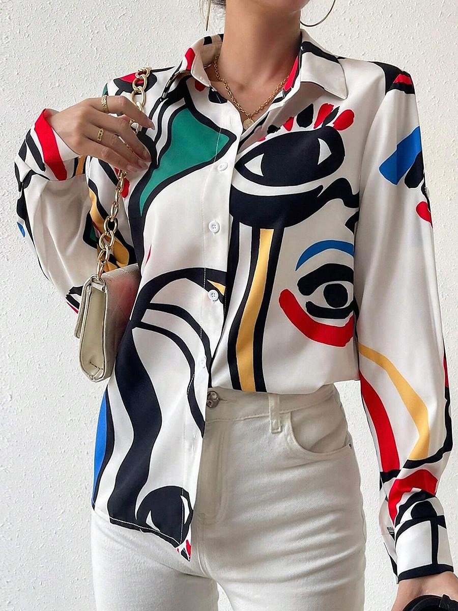 dames overhemd stijlvol modern geometrisch abstract knopen print lange mouw normaal tops overhemd kraag werk wit lente herfst 2025 - $34.99 –P1