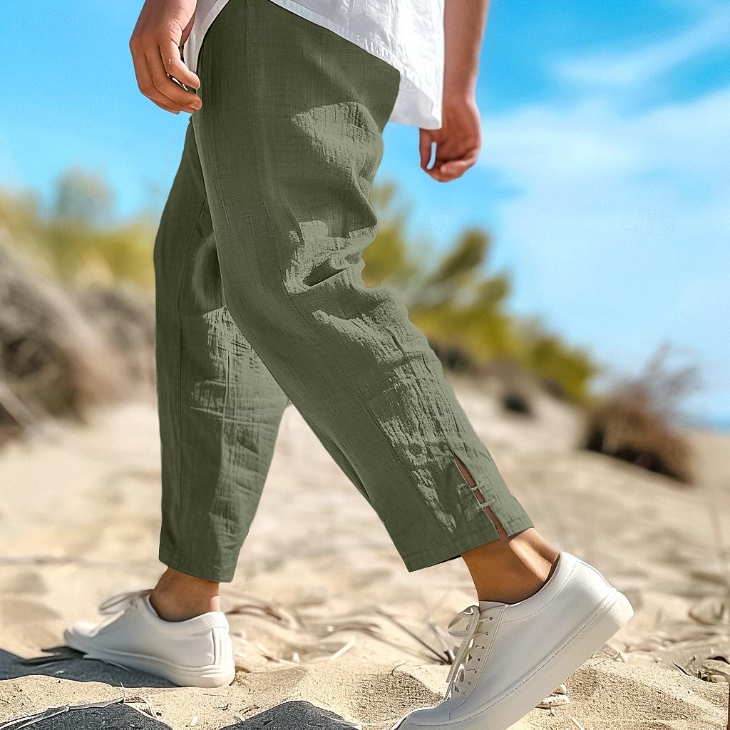 Férfi Vászon nadrág Nyári nadrág Háromnegyedes nadrágok Strand nadrág Zsinór Rugalmas derék Sima Mokaszinok Légáteresztő Borjú-hossz Hétköznapi Napi Szabadság Divat Klasszikus stílus Fekete Fehér 2025 - $27.99 –P4