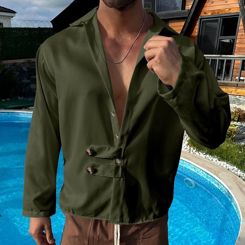 Herren Hemd Sommerhemd Freizeithemd Strandhemd Schwarz Weiß Armeegrün Grau Leicht Blau Langarm Einfach Revers Urlaub Hawaiianisch Button-Down Bekleidung Polyester Mode Lässig Bequem 2025 - $26.99 –P11