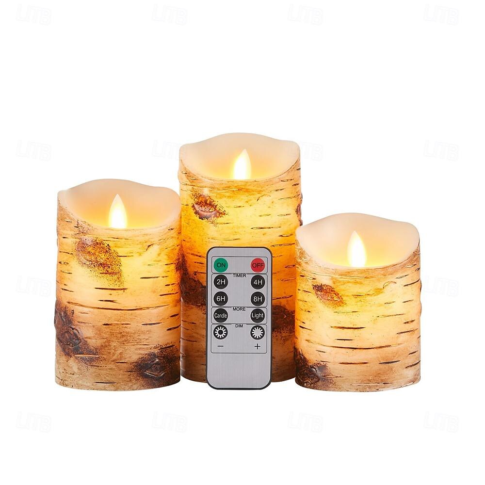 Flameless Candles Light Wooden Pine Effect Battery Operated Flickering Moving Wick Candles Light 4 5 6 Set of 3 Realistic LED Electric Pine Bark Candles with Remote Control for Halloween 2025 - $36.99 –P1