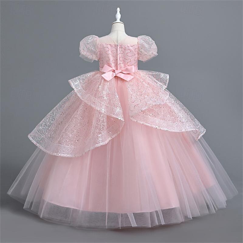 Flower Girl Dress Girls' Party Dress Performance Wedding Party Princess Beautiful Sweet Sequins Mesh Solid Color Short Sleeve Crew Neck White Pink 4-12 Years 2025 - $43.99 –P10