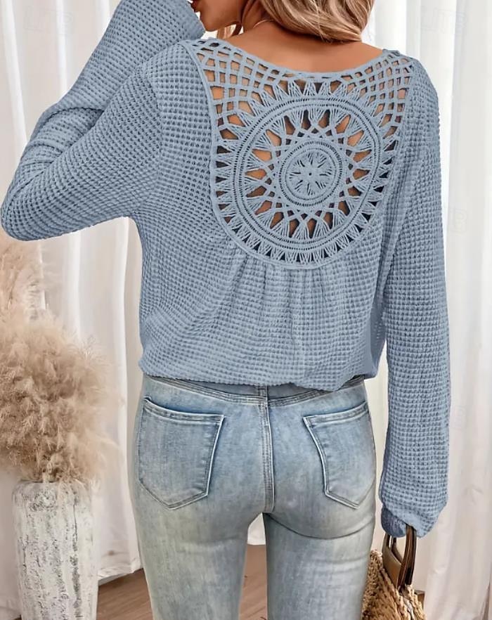 Bluse Eleganti in Pizzo Bianco per Donna con Occhielli Blusa Casual Elegante Colore Unito Maniche Lunghe Collo a Giro Top Petits Romantici da Indossare in Estate e Vacanza Verde Erba Rosa Blu Beige del 2025 a $28.99 –P3