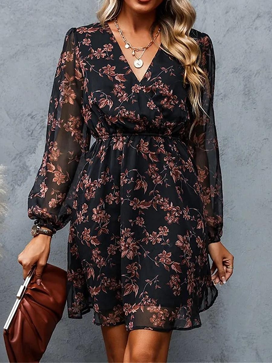 Damen Freizeitkleid formelles Kleid Blumendruck V-Ausschnitt Minikleid stilvoll lässig täglich Date Langarm Sommer 2025 - $33.99 –P7