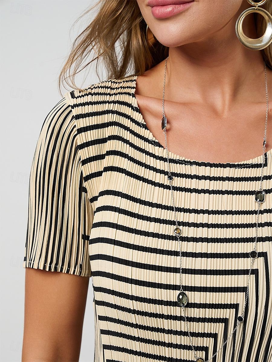 Dame Midikjole Skiftkjole Elegant Fritid Arbeid Daglig Løstsittende Stripe Kortermet Crew-hals Svart Kakifarget Sommer 2025 - $39.99 –P9