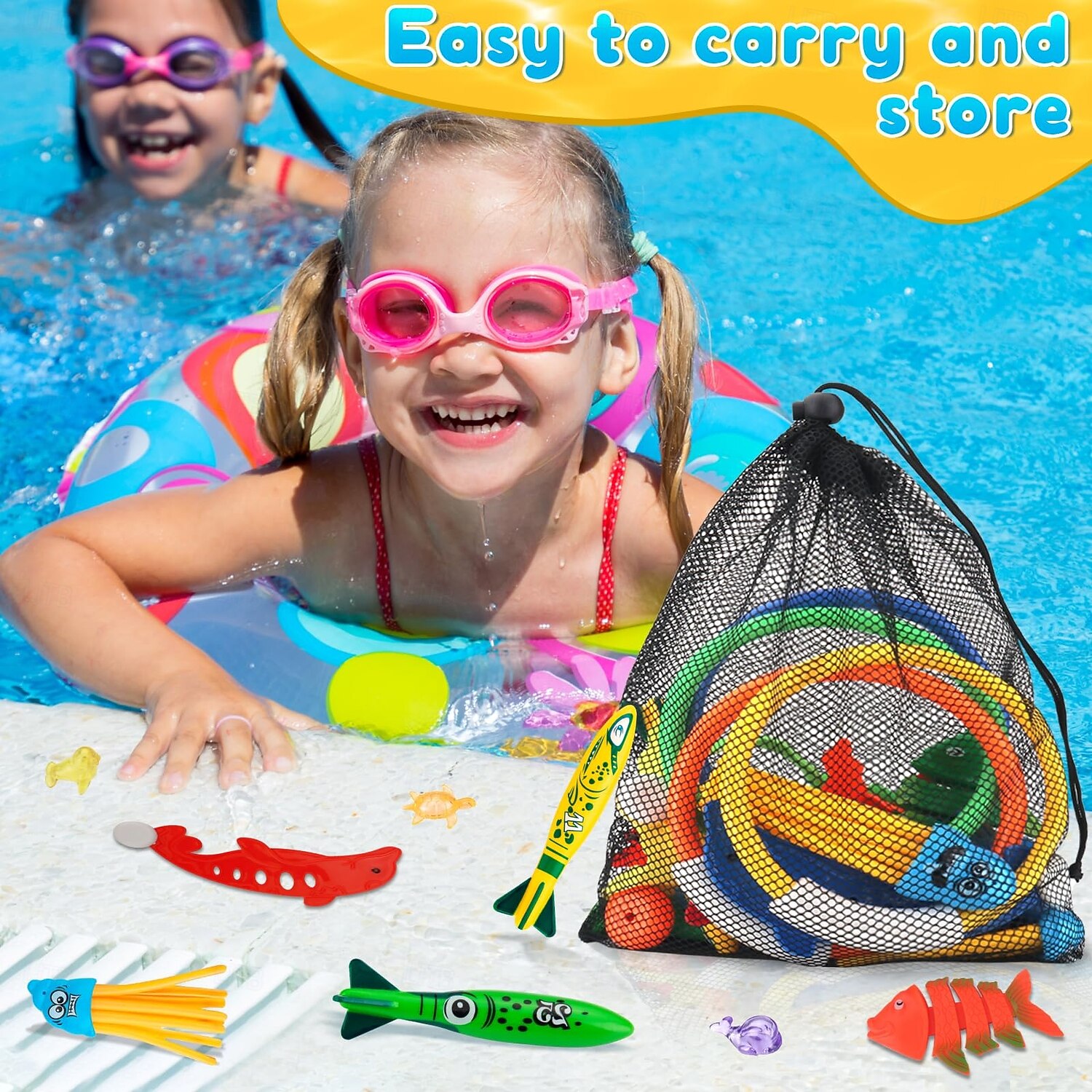 Kit Plongée Piscine 8 Pièces – 4 Bâtons + 4 Anneaux Colorés, ABS Sûr, Motifs Marins – Entraînement Enfant