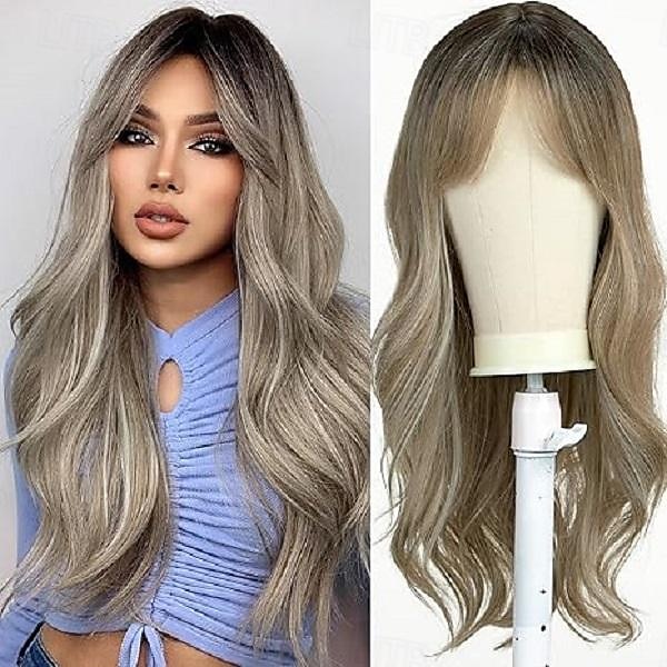 Peruca Longa Cacheada Loira para Mulheres Cabelo Sintético com Franjas Peruca Ondulada com Raízes Escuras Cosplay Diário Alta Densidade Resistente ao Calor Perucas de Halloween de 2025 por $22.99 –P3
