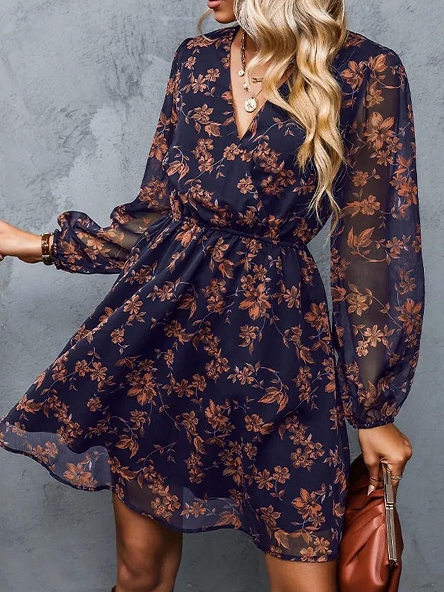 Damen Freizeitkleid formelles Kleid Blumendruck V-Ausschnitt Minikleid stilvoll lässig täglich Date Langarm Sommer 2025 - $33.99 –P15