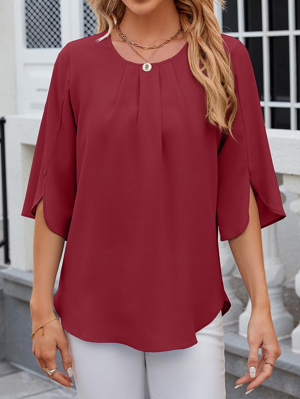 Shirt Blouse Women's White Pink Wine Plain Sexy Street Daily Fashion Round Neck Regular Fit S 2025 - $29.99 –P11