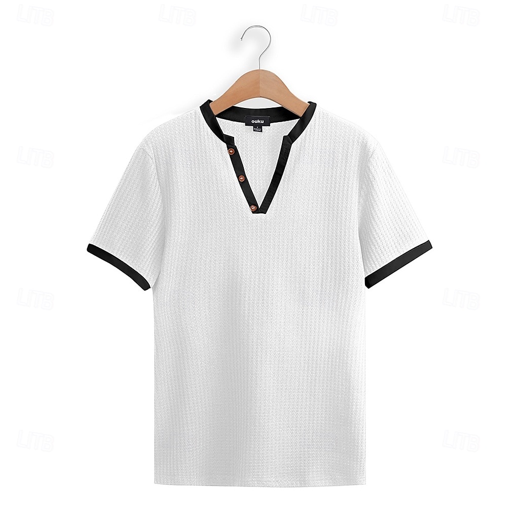 Męskie Koszula Henley z waflami Koszulka z dzianiny waflowej Koszulka Krótki rękaw Jednokolorowe Moda Designerskie Wygodny Guziki Dzianiny W serek Henley Na zewnątrz Codzienny Lato Czarny Biały 2025 - $17.99 –P2