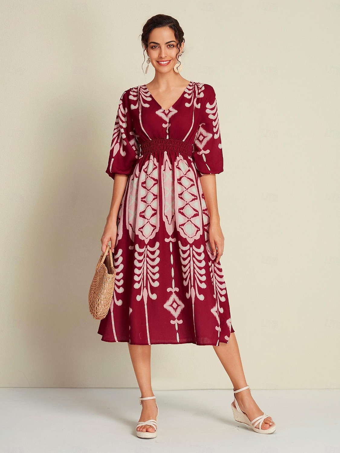 Dámské Volné šaty Resort Wear Midi šaty Cihlově červená Poloviční rukáv Folk Potisk Jaro léto Do V prázdniny Běžné Denní S M L 2025 - $108.99 –P5