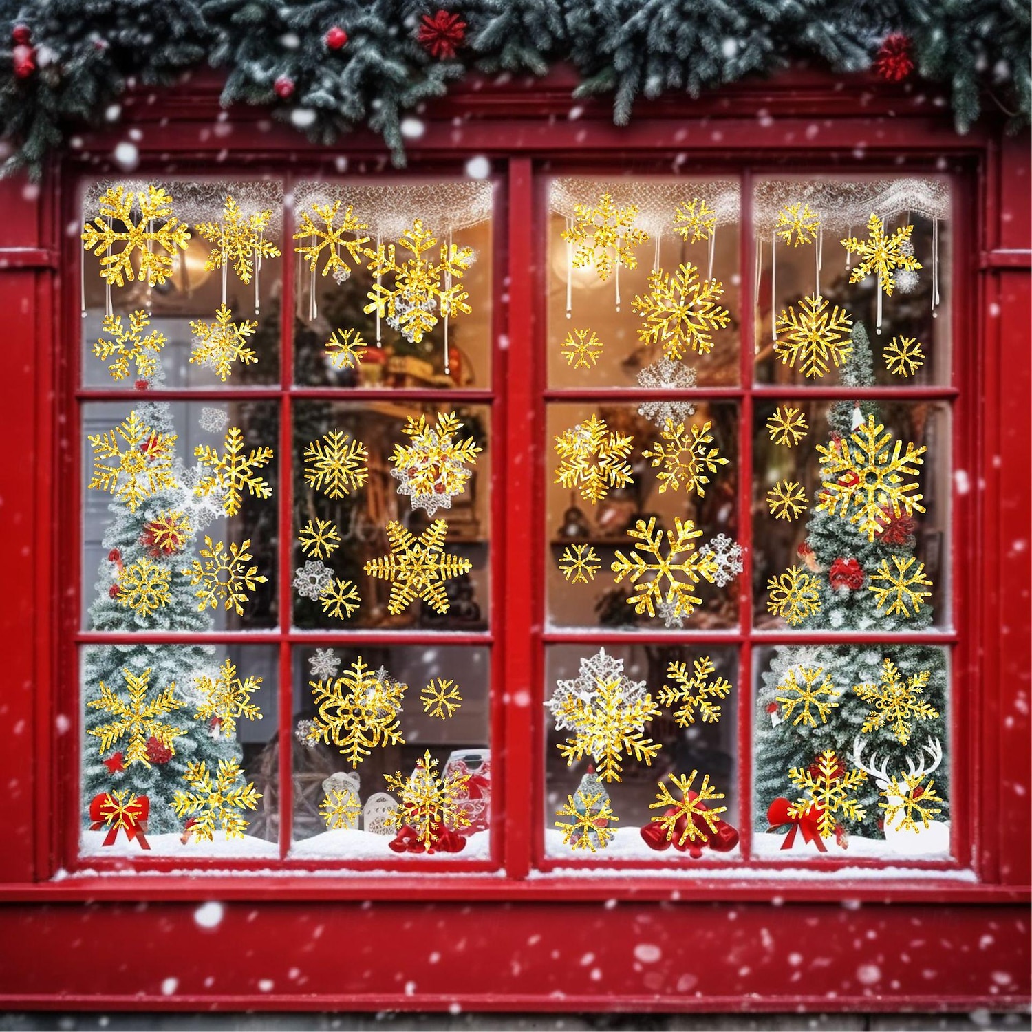 6 hojas de calcomanías de ventana y pegatinas de pared con copos de nieve: adhesivo estático dorado y plateado brillante, vidrio festivo y decoración de pared para Navidad, perfecto para ventanas, espejos y decoración del hogar 2026 - $10.99 –P5