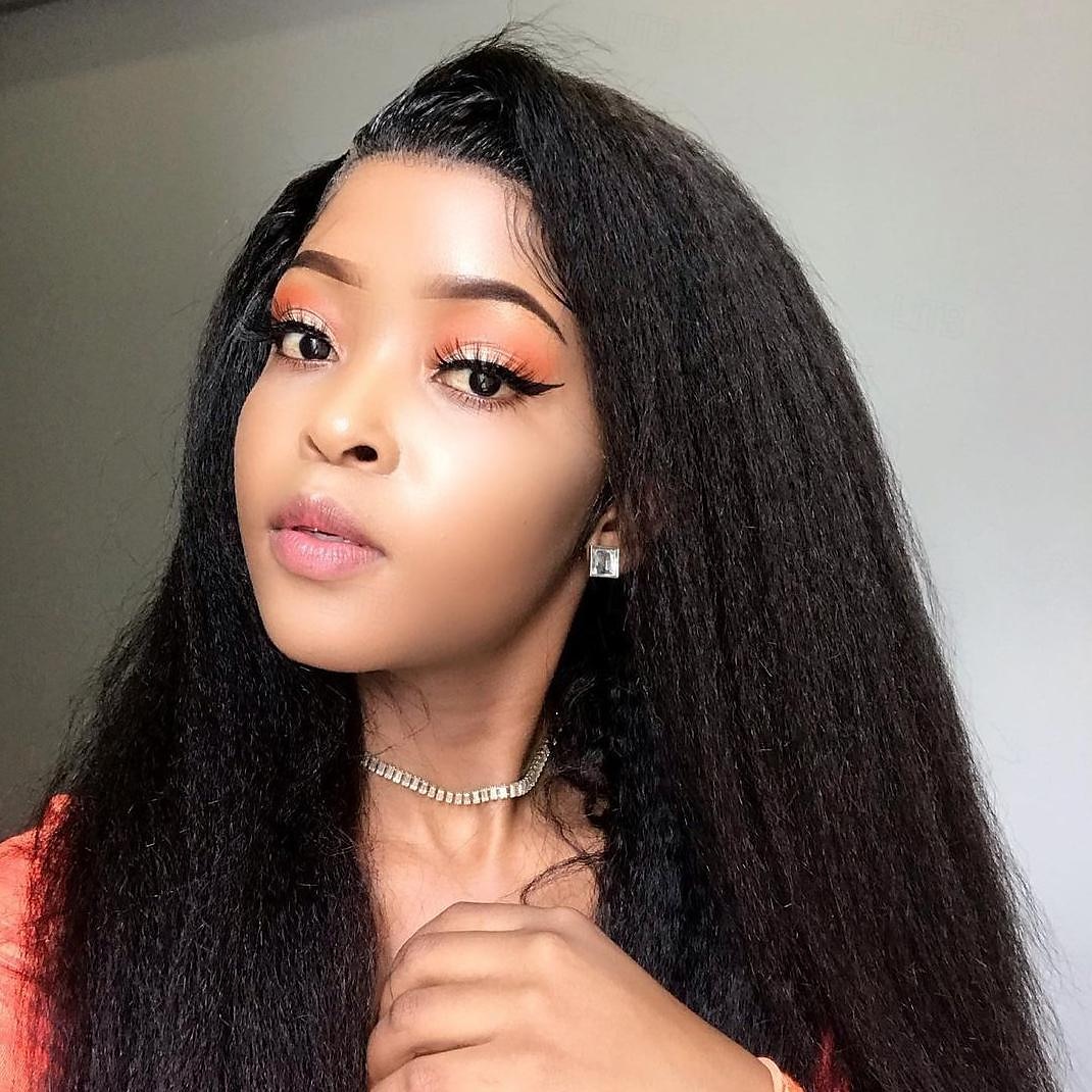 Human Hair Wig Short Medium Length kinky Straight Yaki Straight Side Part With Bangs Black Natural Color Natural Black Women Adjustable Thick Machine Made Capless Brazilian Hair All Natural Black #1B 2025 - $87.99 –P10