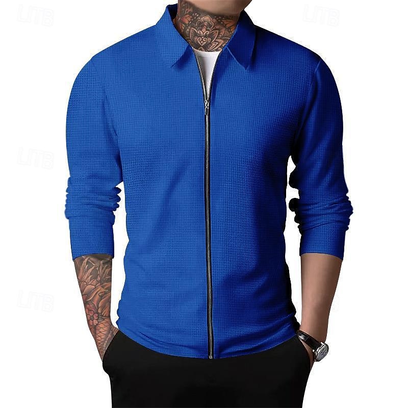 Men's Shirt Jacket Transition Jacket Daily Breathable Pocket All Seasons Plain Classic Lapel Regular Waffle Fabric Black White Royal Blue Khaki Light Grey Jacket 2025 - $27.99 –P4