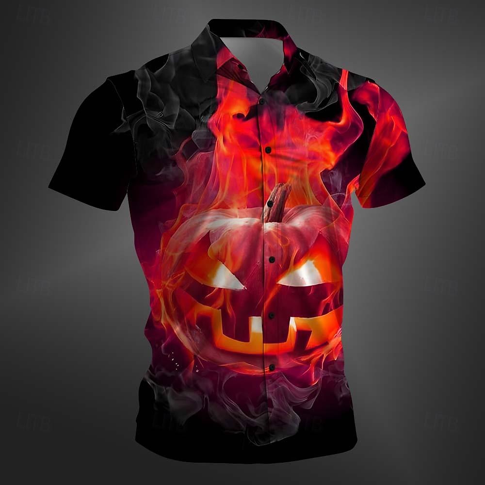 Halloween Herren Kürbis Hemd Knopfhemd Kurzarm Brautkleider schlicht Dunkel Party-Abendgarderobe Täglich Sommer Winter Frühling & Herbst Umlegekragen Knopf hoch 3D-Druck Rote Purpur Orange Grün 2025 - $24.99 –P3