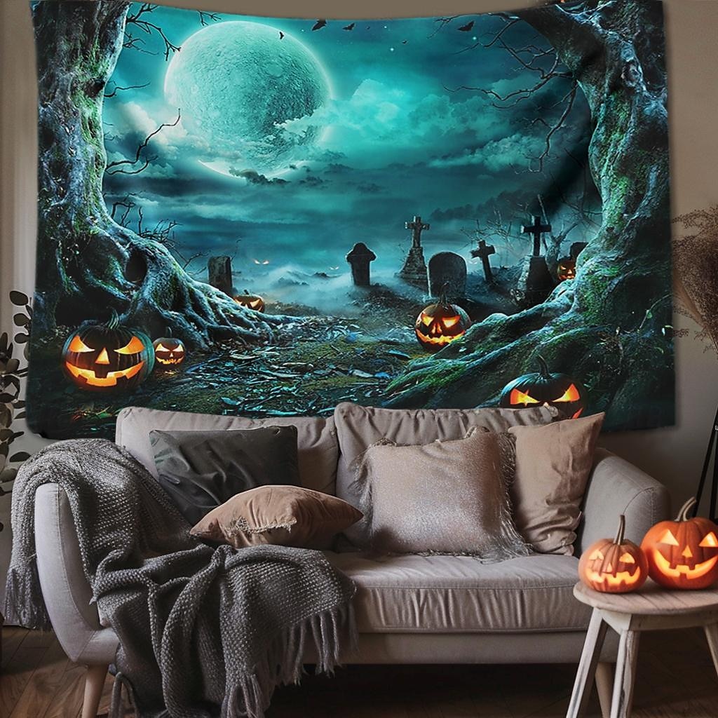 halloween dekorációk gobelin jack o lámpás tök dekor fal művészet nagy függő gobelin falfestmény dekoráció fénykép háttér takaró függöny otthon hálószoba nappali koponya csontváz denevér temető 2025 - $13.99 –P1