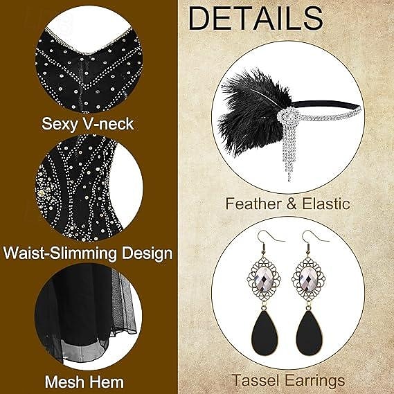 Roaring 20s 1920s Floor Length Knee Length Dress Evening Dress Outfits Short Sleeves The Great Gatsby Charleston Wedding Guest Sequins Tassel Fringe Feather V Neck Fancy Dress Women's New Year 2026 - $82.99 –P4