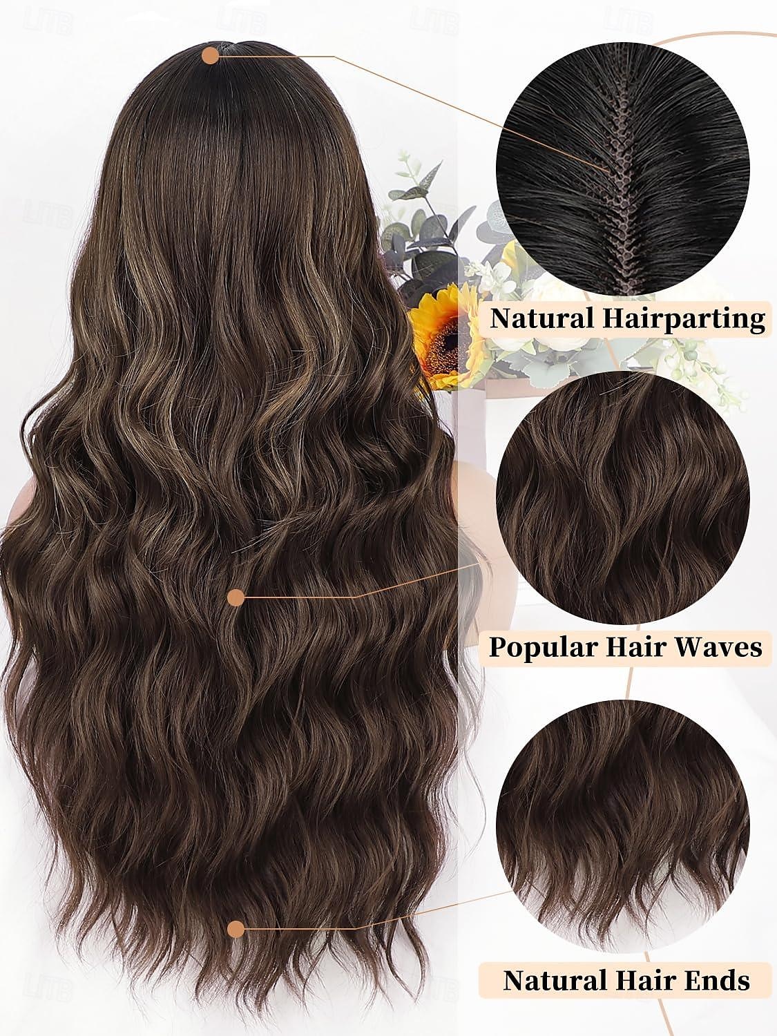 peruca marrom com franja para mulheres peruca de cabelo longo ondulado peruca marrom com mechas perucas sintéticas onduladas e cacheadas para meninas uso diário em festas perucas de carnaval de 2025 por $17.99 –P3