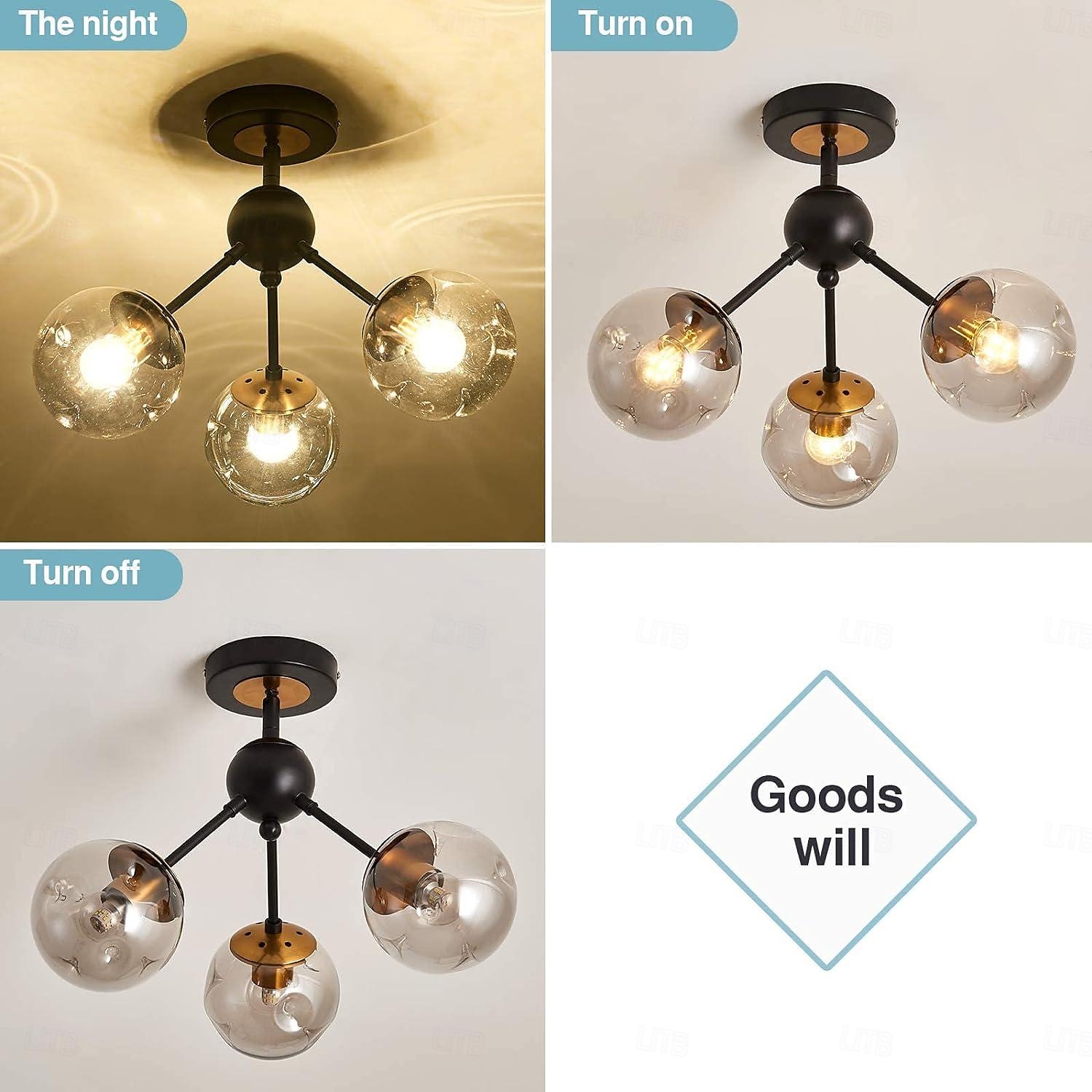 LED Ceiling Lights 3-Color Light Source 18/41cm 1/3-Light Vintage Semi Flush Mount Ceiling Light Fixture with Glass Globe E26/E27 Black Ceiling Light for Hallway Stairway Porch Entryway Kitchen Bedroom Laundry Farmhouse 110-240V 2025 - $86.99 –P7