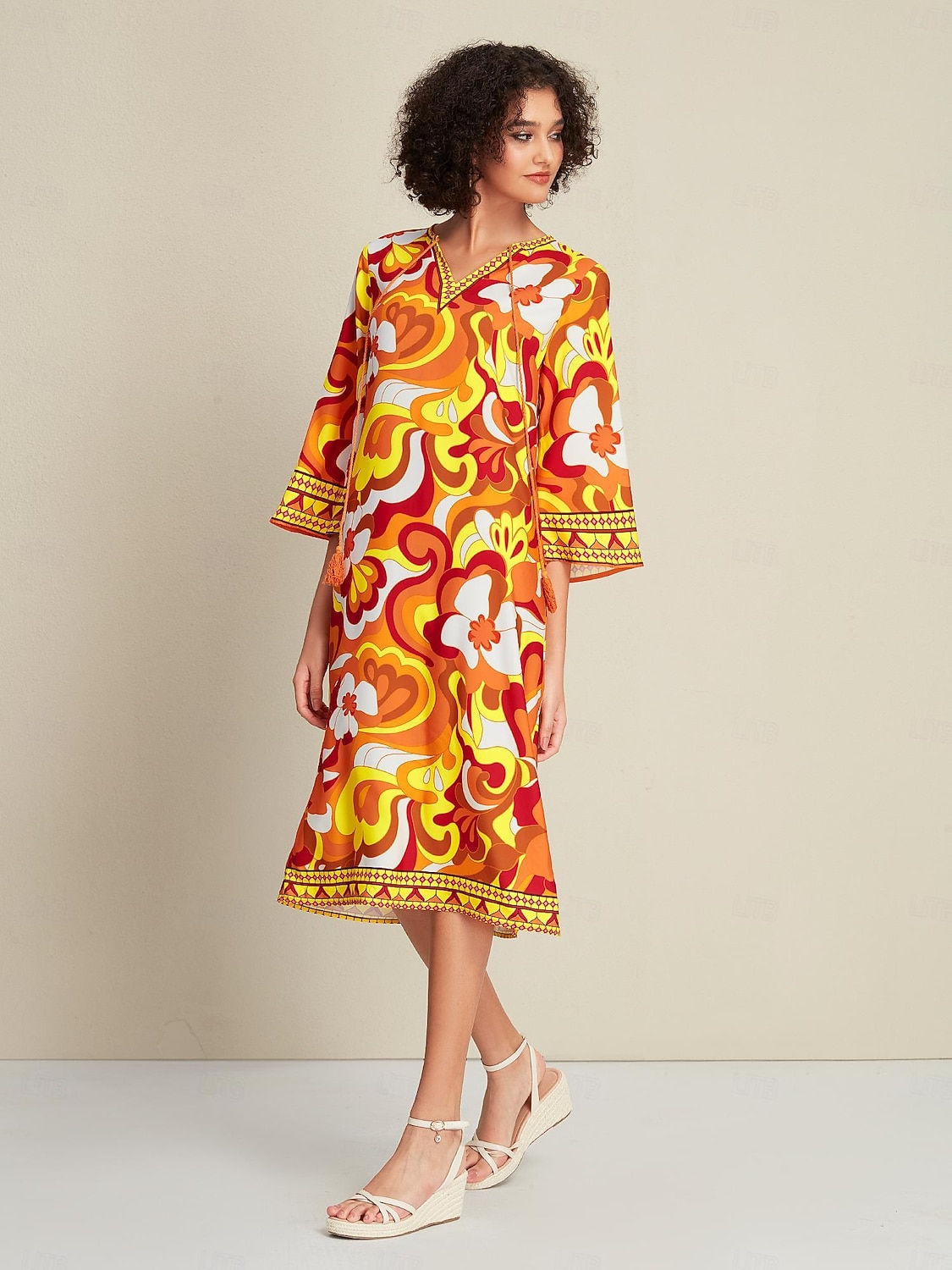 Abito midi con scollo a V e maniche a 3/4 con cravatta in raso sul davanti del 2026 a $20.69 –P4