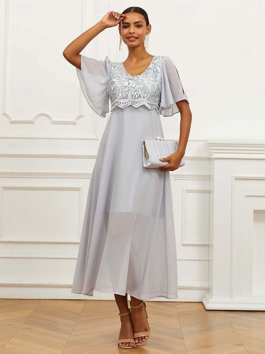 Per donna Abito linea A Poliestere Pizzo Con balze A V Manica a balza Manica corta Vestito maxi Invitati del matrimonio Cocktail party Elegante Da cerimonia Grigio Estate del 2025 a $49.99 –P3