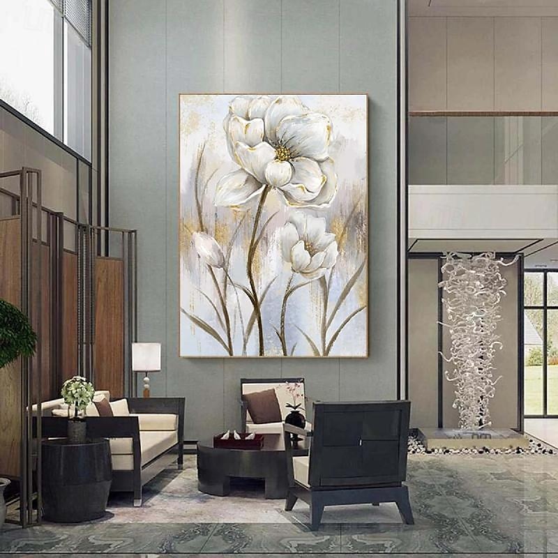 Ölgemälde mit Blumen in Goldfolie, handgefertigtes Ölgemälde mit Blumen, handgemaltes Ölgemälde mit weißer Rose, impressionistisches Ölgemälde für Wohnzimmer, Schlafzimmer, Landschaftsölgemälde, 2025 - $116.99 –P5