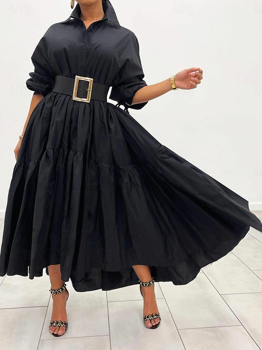 robe noire Robe chemise Femme Robe Maxi A Volants Soirée Travail basique Grande occasion Col de Chemise manche longue Standard Noir Blanche Bleu S M L XL 2XL de 2025 ? $51.99 –P2