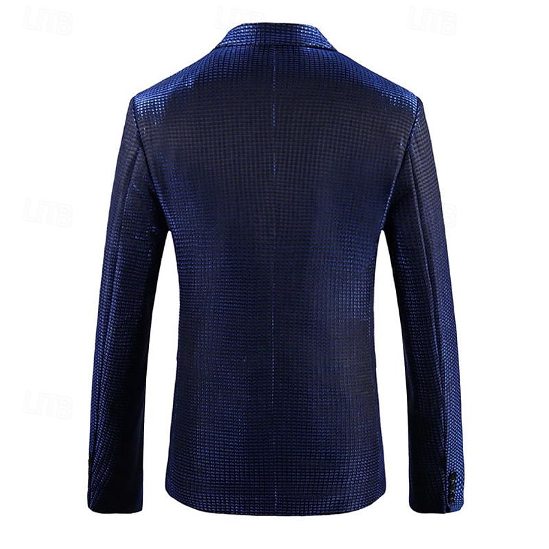 Herre Blazer Formell kveld Fritid / hverdag Søt Alle årstider 65%Cotton 35%Polyester Ensfarget / vanlig farge Paljetter Fritid Bryllup Enkeltkneppet Blazer Sølv Svart Rød Blå 2025 - $83.99 –P14