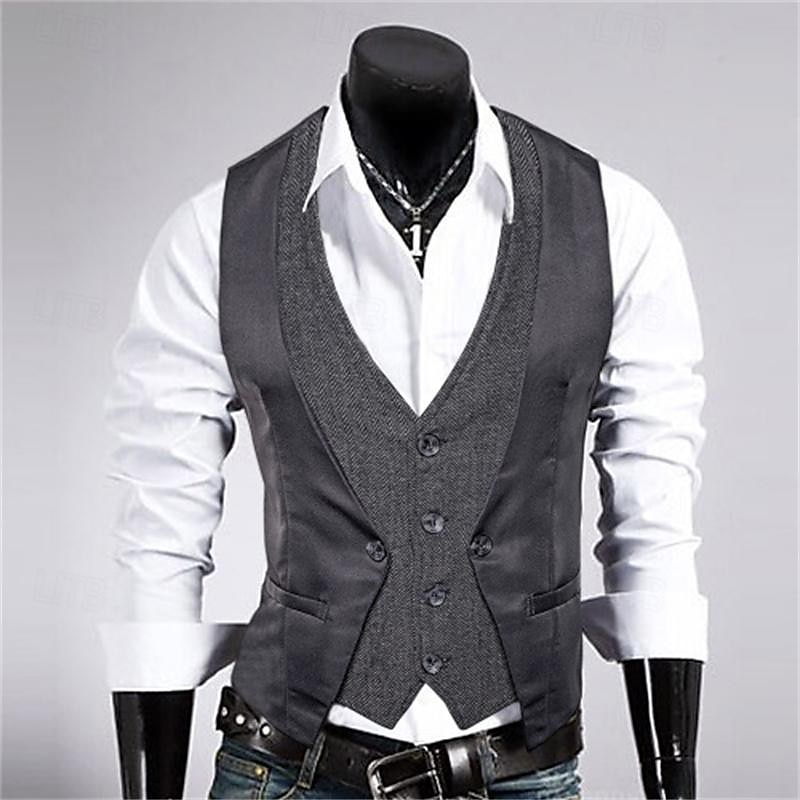 Men's Vest Gilet Wedding Event / Party Daily Fashion Business Spring & Fall Patchwork Button 2 in 1 Polyester Comfortable Color Block Single Breasted One-button V Neck Regular Fit Black Navy Blue 2025 - $29.99 –P12