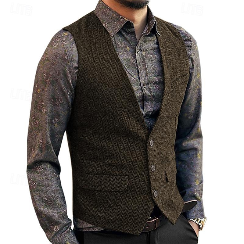 Voor heren Vest Bruiloft Evenement / Feest Dagelijks Modieus Zakelijk Lente zomer nappi Zak Polyester Comfortabel Effen Kleur Enkele knoopsluiting één knoop V-hals Normale pasvorm Zilver Donker Bruin 2025 - $38.99 –P11