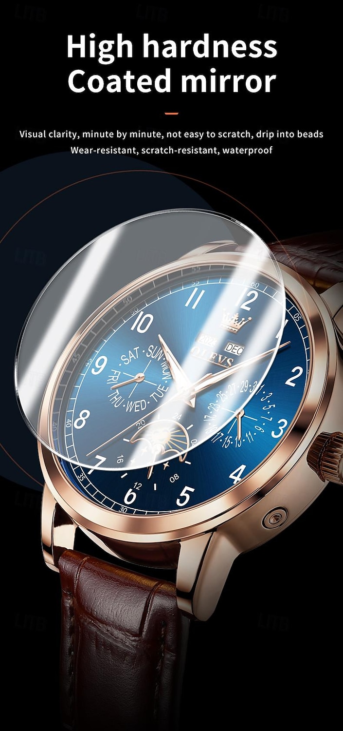 OLEVS Men Mechanical Watch Fashion Business Wristwatch Automatic Self-winding Moon phase Luminous Perpetual Calendar Leather Watch 2025 - $111.99 –P5