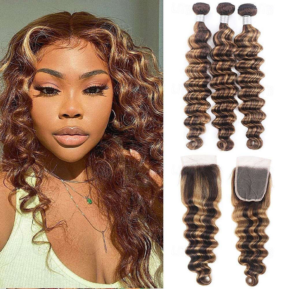 Loose Deep 3&1 Bundles With Closure Highlight P4/27# Human Hair Weaving With 4*4 Closures Pre-colored Brazilian Hair Extension 2025 - $245.19 –P1
