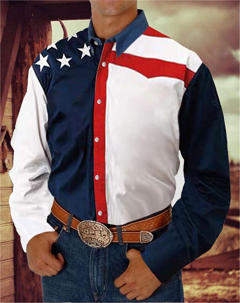 Herren Amerikanische Flagge Westernhemd Knopfhemd Cowboy-Shirt Langarm westlicher Stil Täglich Umlegekragen Hemden mit Kragen 3D-Druck Vordertasche Schwarz Weiß Rote Blau 2025 - $31.24 –P2