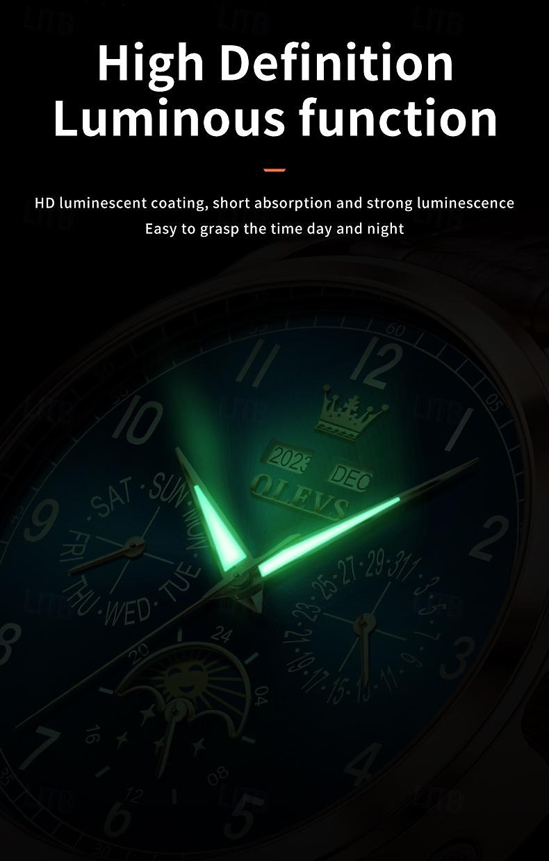 OLEVS Men Mechanical Watch Fashion Business Wristwatch Automatic Self-winding Moon phase Luminous Perpetual Calendar Leather Watch 2025 - $111.99 –P12