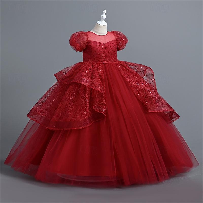 Flower Girl Dress Girls' Party Dress Performance Wedding Party Princess Beautiful Sweet Sequins Mesh Solid Color Short Sleeve Crew Neck White Pink 4-12 Years 2025 - $43.99 –P4