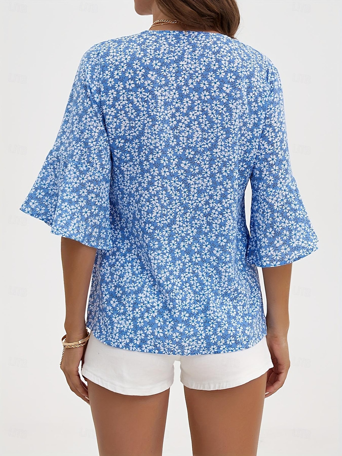 Dame Skjorte Bluse Dressy topper Blomstret Fritid 3/4 ermer Klokke V-hals Vanlige topper Feriereise Daglig Trykt mønster Gul Blå Grønn Vår sommer 2025 - $29.99 –P3