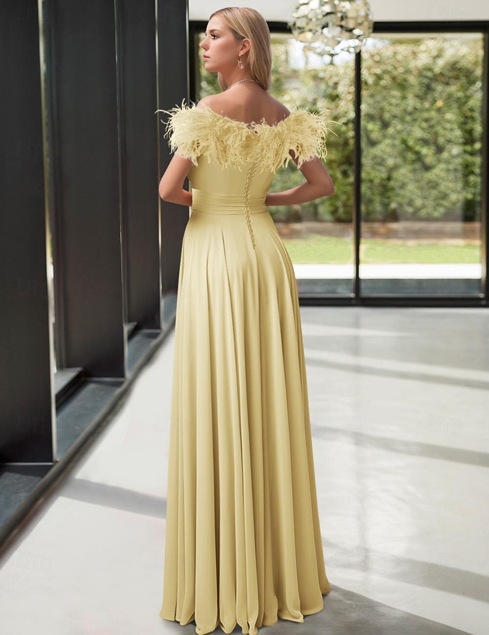 A-Line Evening Gown Elegant Dress Formal Floor Length Sleeveless Off Shoulder Stretch Chiffon with Feather Pleats 2025 2025 - $197.99 –P2
