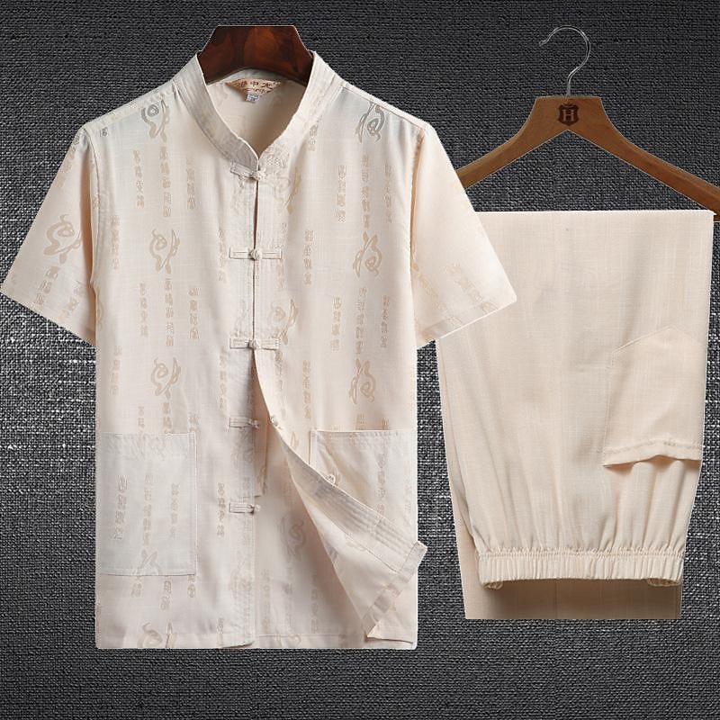 Men's T-shirt Suits Shirt and Pant Sets 2 Pieces Outfits Short Sleeve Standing Collar Summer Chinese character Fashion Chinese Style Casual 2 Piece Vacation Daily Wear Going out White Beige Gray Top 2025 - $31.99 –P1