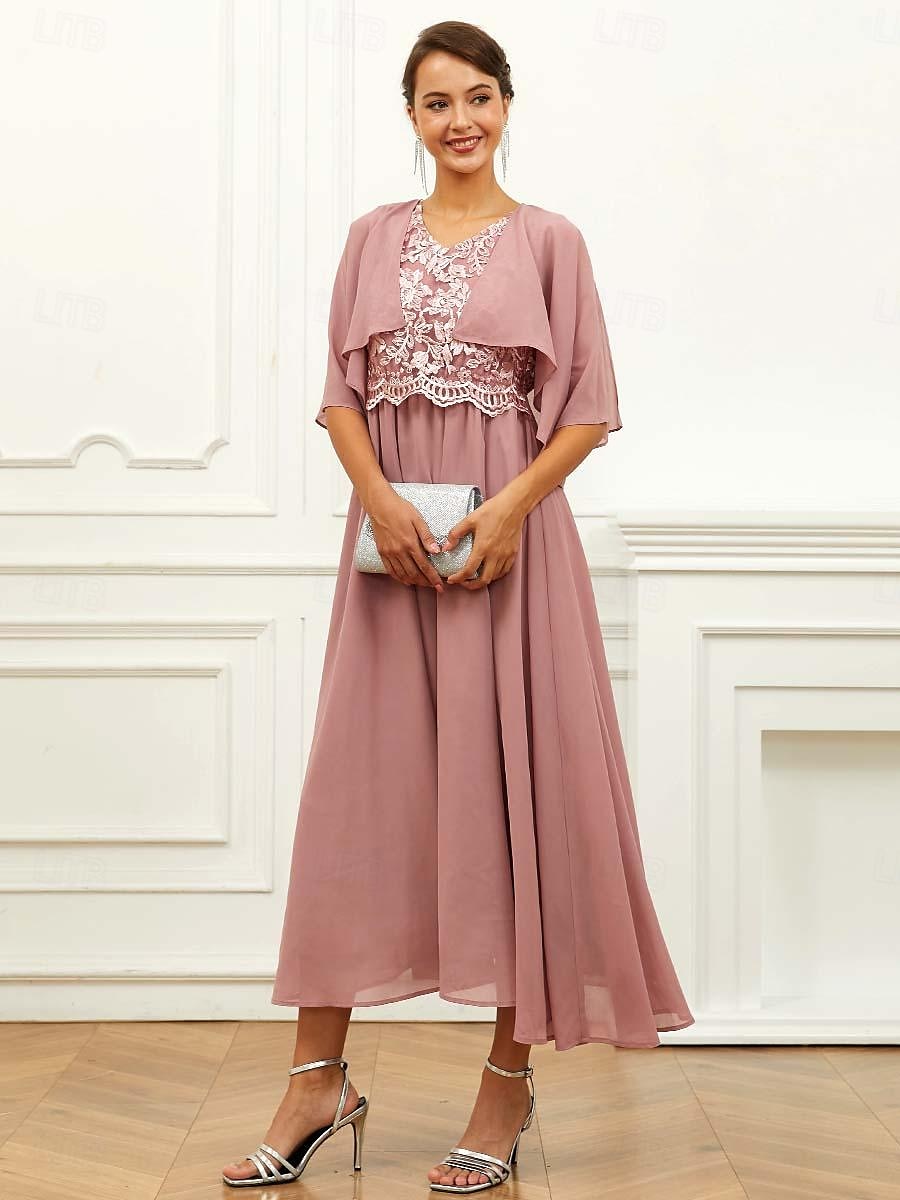 Per donna Abito linea A Chiffon Pizzo Con balze A V Manica corta Vestito longuette Invitati del matrimonio Cocktail party Elegante Da cerimonia Rosa Estate del 2025 a $49.99 –P3