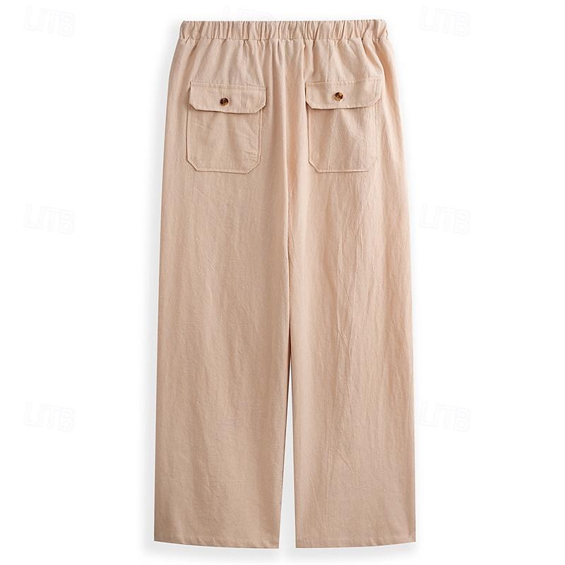 Men's Linen Pants Trousers Summer Pants Beach Pants Pocket Drawstring Elastic Waistband Plain Comfort Breathable Full Length Daily Streetwear Fashion Casual / Sporty Loose Fit Dark Khaki Black 2025 - €22.99 –P2