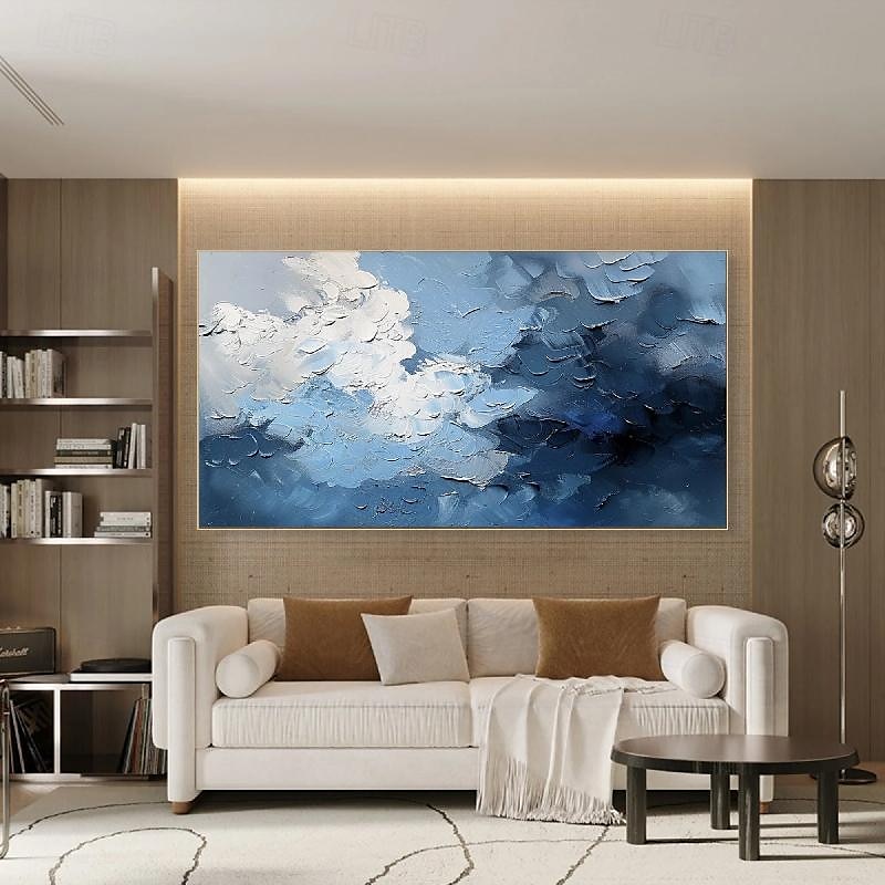 3d oljemaleri håndmalt tykk tekstur himmelblad oljemaleri beige blå skyline maleri på lerret abstrakt teksturert oljemaleri for veggkunst stue 2025 - $69.99 –P3