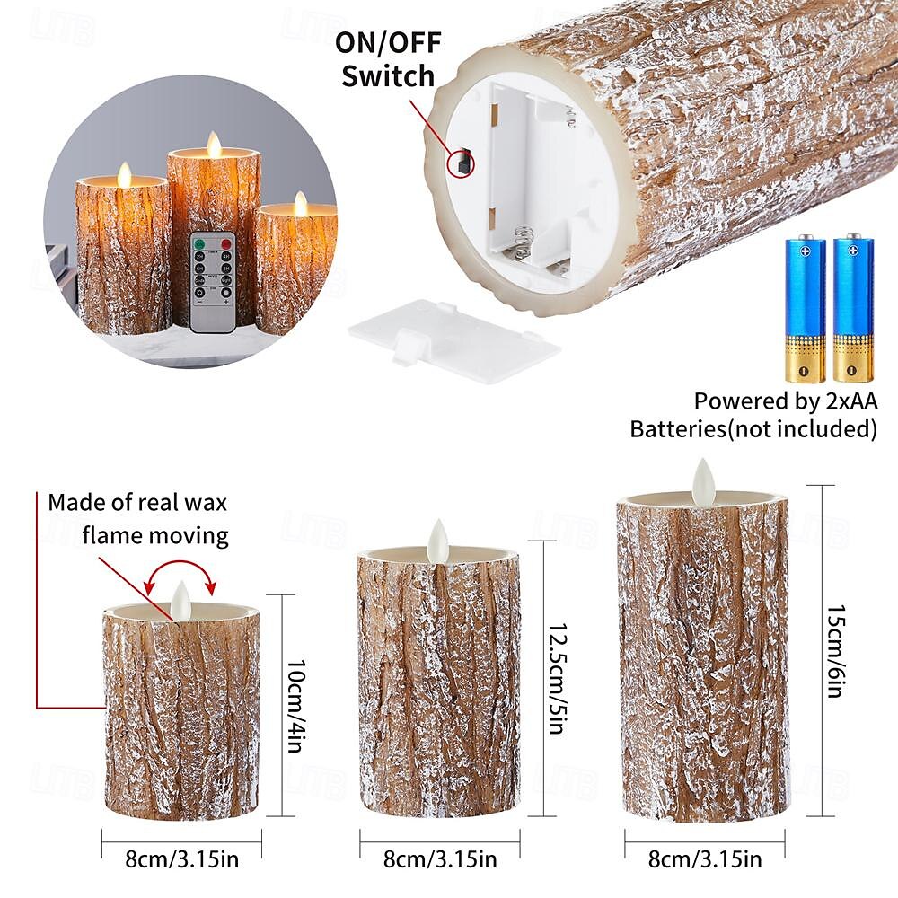 Flameless Candles Light Wooden Pine Effect Battery Operated Flickering Moving Wick Candles Light 4 5 6 Set of 3 Realistic LED Electric Pine Bark Candles with Remote Control for Halloween 2025 - $36.99 –P5