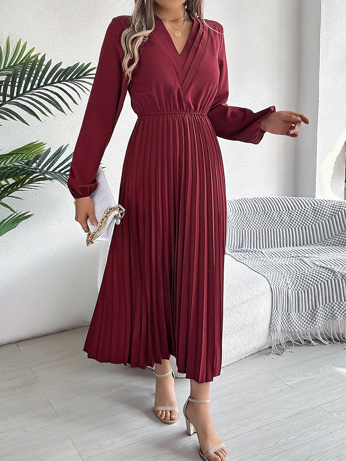 Per donna Abito da lavoro Abito linea A Di tendenza Ufficio Moda da lavoro Rimborsate Abito lungo Abito lungo A pieghe A V Manica lunga Liscio Standard Nero Vino Marrone Primavera Autunno S M L XL del 2025 a $39.99 –P13