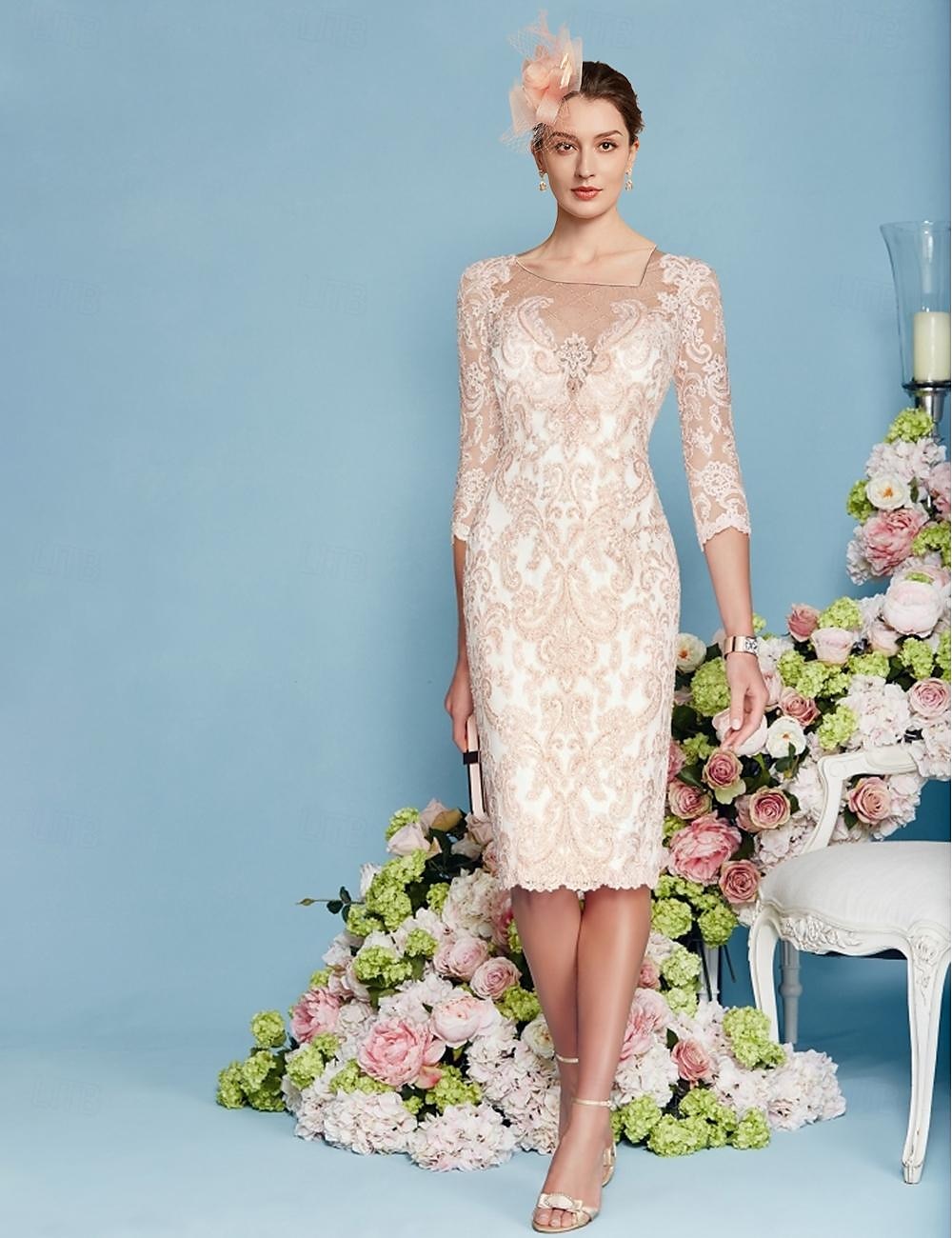 Beach Wedding Two Piece Sheath Mother of the Bride Dress Elegant Jewel Neck Knee Length Chiffon Lace 3/4 Length Sleeve Wrap Included Jacket Dresses with Beading Appliques free custom size 2025 - $162.99 –P3