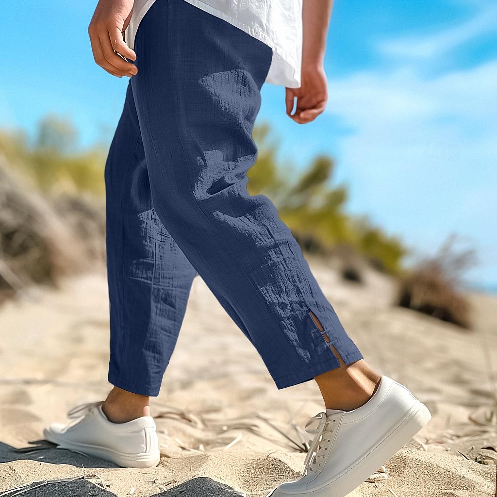 Férfi Vászon nadrág Nyári nadrág Háromnegyedes nadrágok Strand nadrág Zsinór Rugalmas derék Sima Mokaszinok Légáteresztő Borjú-hossz Hétköznapi Napi Szabadság Divat Klasszikus stílus Fekete Fehér 2025 - $27.99 –P5