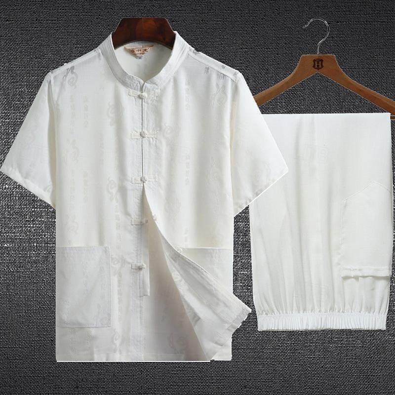 Men's T-shirt Suits Shirt and Pant Sets 2 Pieces Outfits Short Sleeve Standing Collar Summer Chinese character Fashion Chinese Style Casual 2 Piece Vacation Daily Wear Going out White Beige Gray Top 2025 - $31.99 –P3