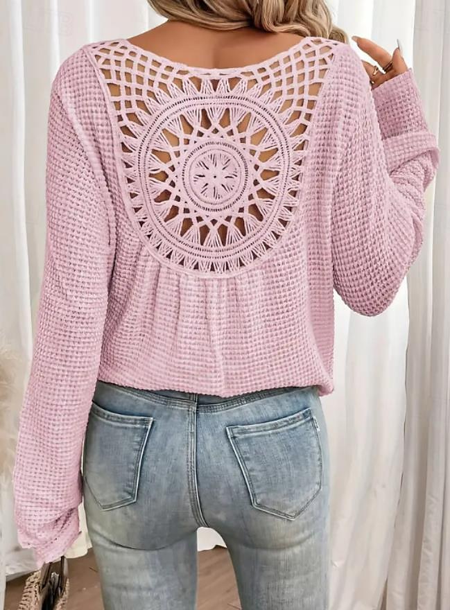 Bluse Eleganti in Pizzo Bianco per Donna con Occhielli Blusa Casual Elegante Colore Unito Maniche Lunghe Collo a Giro Top Petits Romantici da Indossare in Estate e Vacanza Verde Erba Rosa Blu Beige del 2025 a $28.99 –P4