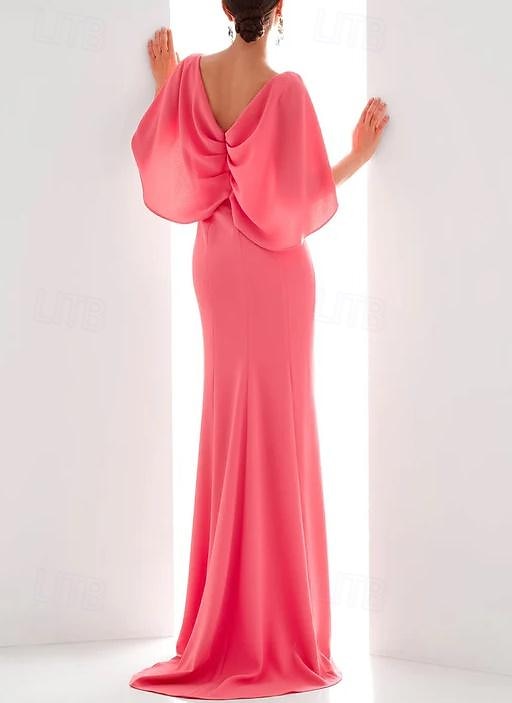 Sheath Evening Gown Elegant Dress Formal Fall Floor Length Short Sleeve V Neck Stretch Chiffon with Ruched Ruffles 2025 2025 - $155.99 –P2