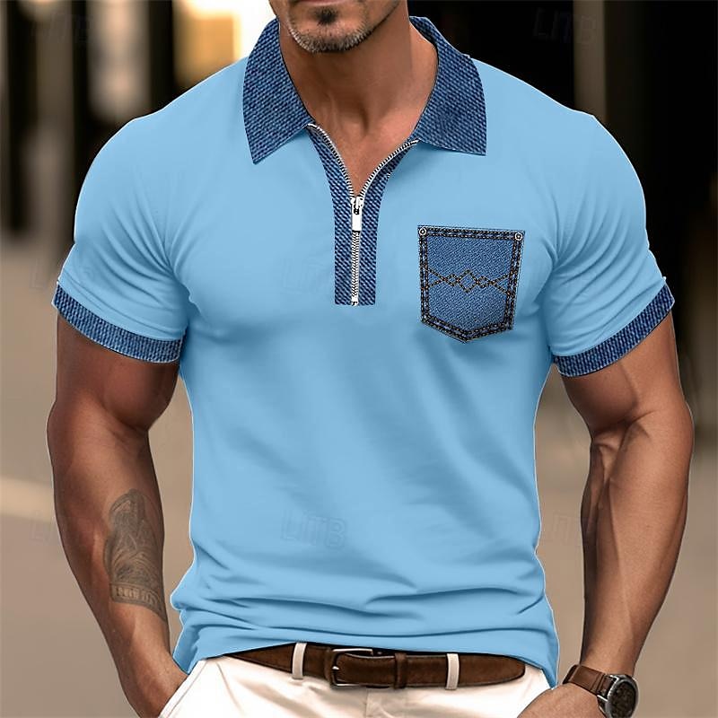 Herren Poloshirt Golfhemd Casual Festtage Kargen Viertel Postleitzahl Kurzarm Modisch Basic Farbblock Viertel Postleitzahl Sommer Regular Fit Hellblau Schwarz Weiß Khaki Hellgrau Poloshirt 2025 - $13.99 –P6