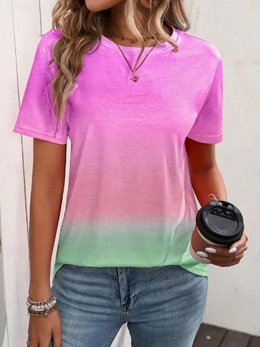 dame t-skjorte uformell gradient print kortermet vanlige topper rund hals daglig blå lilla grønn regnbue sommer 2025 - $19.99 –P7