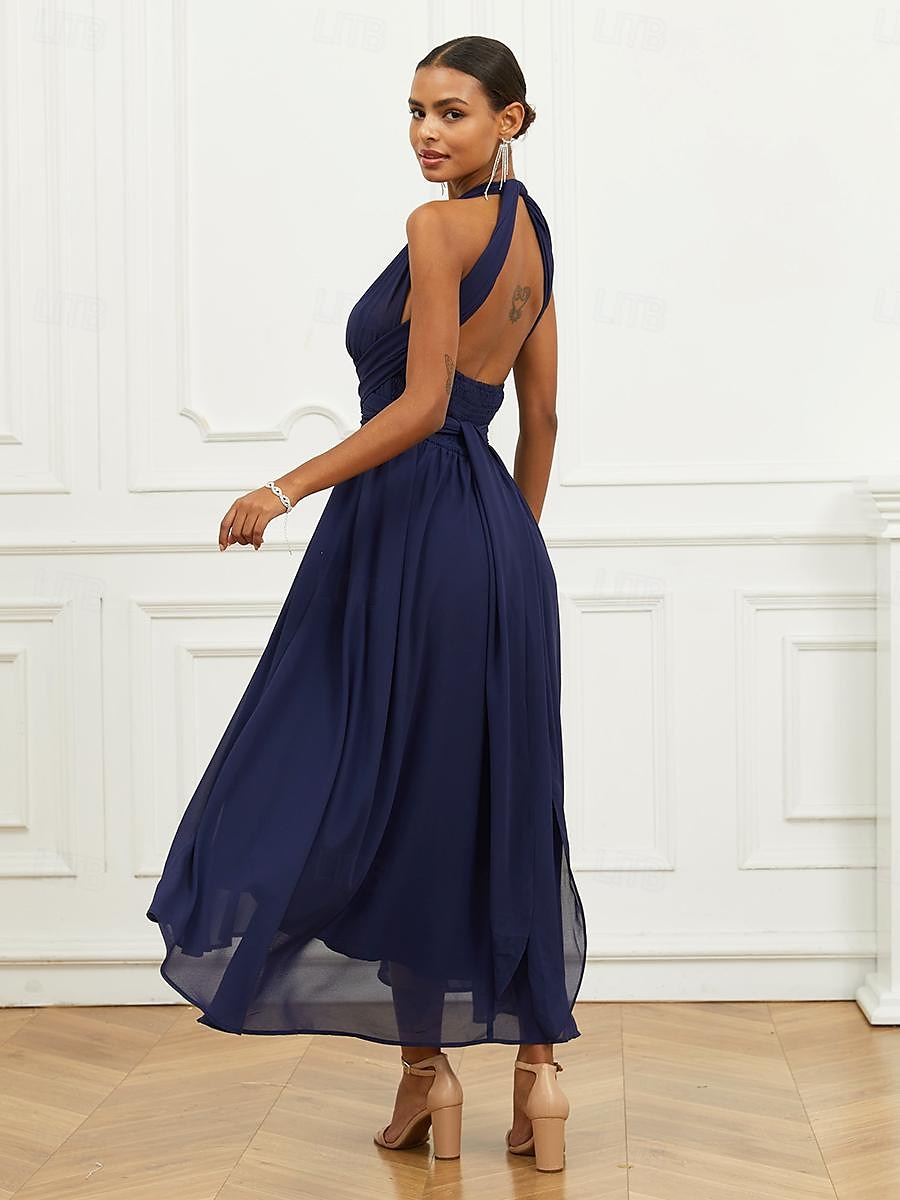 Robe Trapèze Femme Robe mi-longue Ruché Ceinturé robe demoiselle d honneur Soirée Cocktail Elégant Grande occasion Une Epaule Sans Manches Ample bleu marine S M L XL 2XL de 2025 ? $63.99 –P20